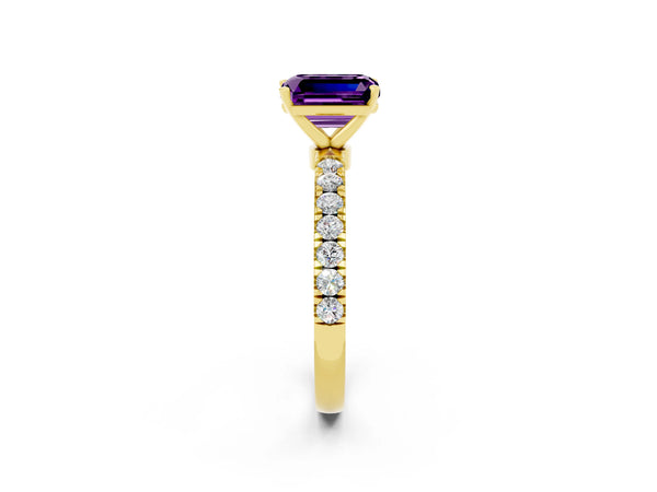 Yellow gold Emerald Cut Amethyst Solitaire Ring with Pavé Accents and Four-Prong Setting