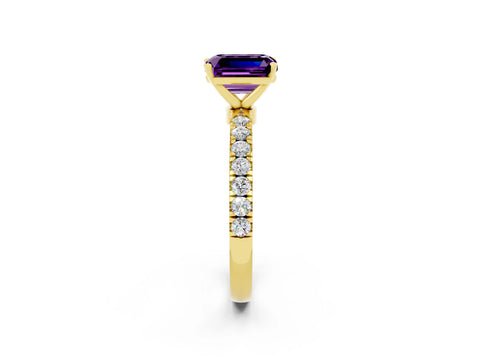 Yellow gold Emerald Cut Amethyst Solitaire Ring with Pavé Accents and Four-Prong Setting_2