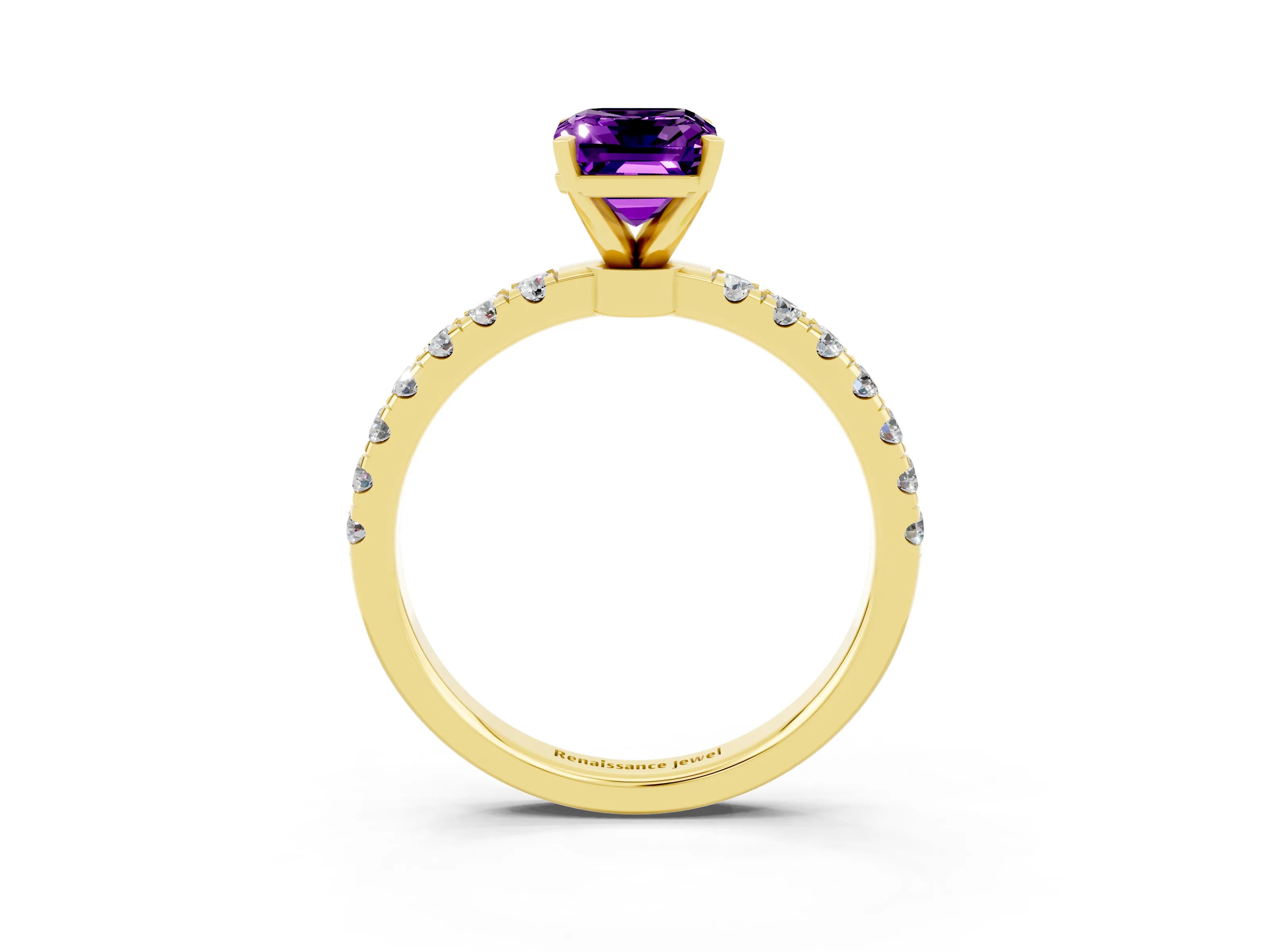 Yellow gold Emerald Cut Amethyst Solitaire Ring with Pavé Accents and Four-Prong Setting_3