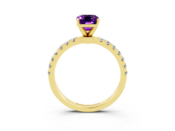 Yellow gold Emerald Cut Amethyst Solitaire Ring with Pavé Accents and Four-Prong Setting