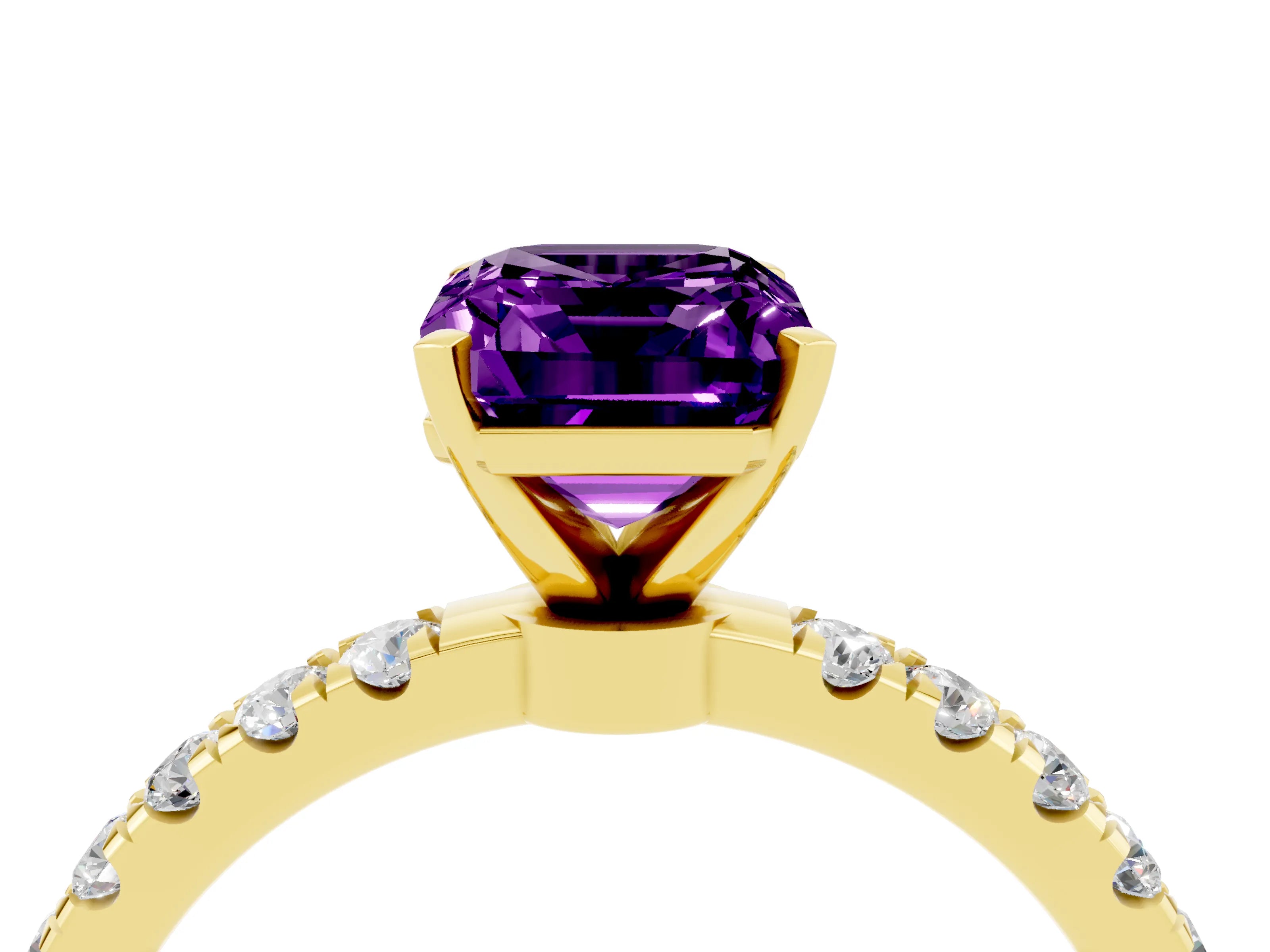 Yellow gold Emerald Cut Amethyst Solitaire Ring with Pavé Accents and Four-Prong Setting_4