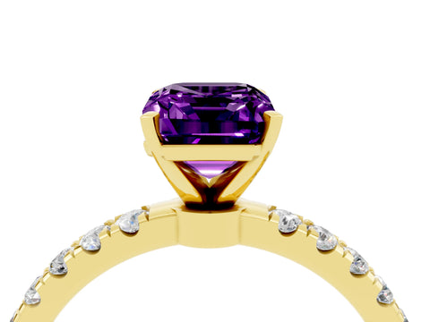 Yellow gold Emerald Cut Amethyst Solitaire Ring with Pavé Accents and Four-Prong Setting_4