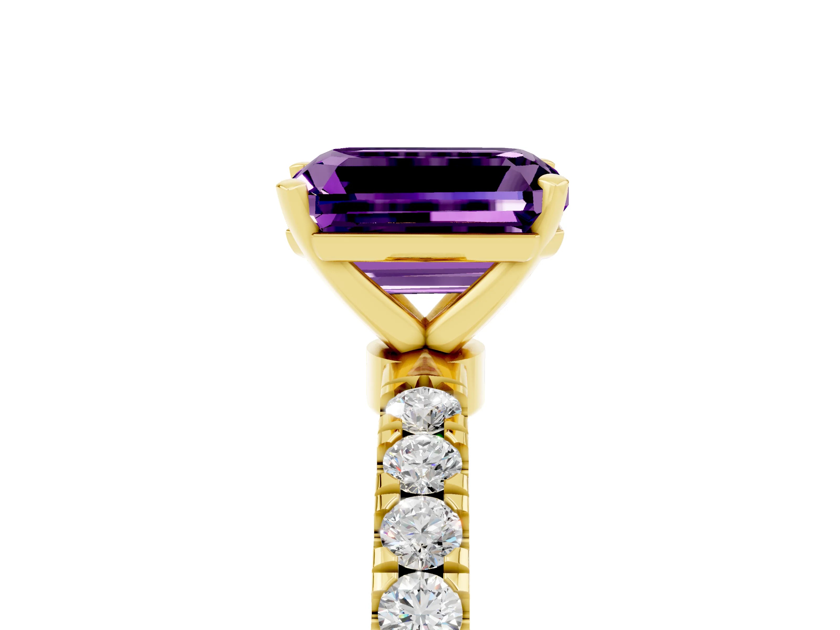 Yellow gold Emerald Cut Amethyst Solitaire Ring with Pavé Accents and Four-Prong Setting_5