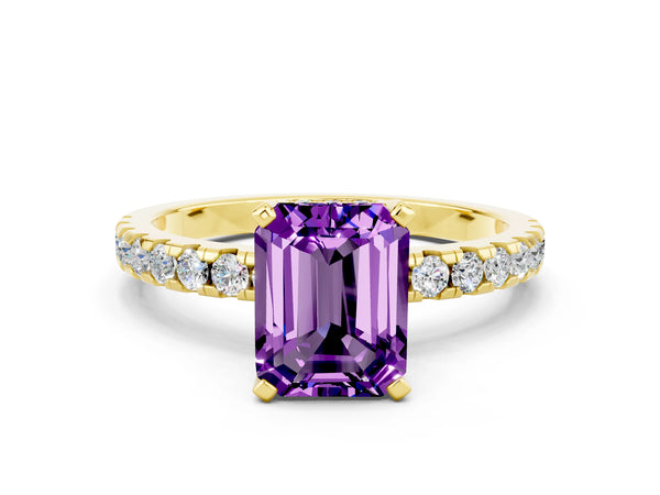 Yellow gold Emerald Cut Amethyst Solitaire Ring with Round  Pavé Band and Four-Prong Setting