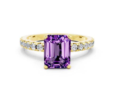 Yellow gold Emerald Cut Amethyst Solitaire Ring with Pavé Band and Four-Prong Setting_12