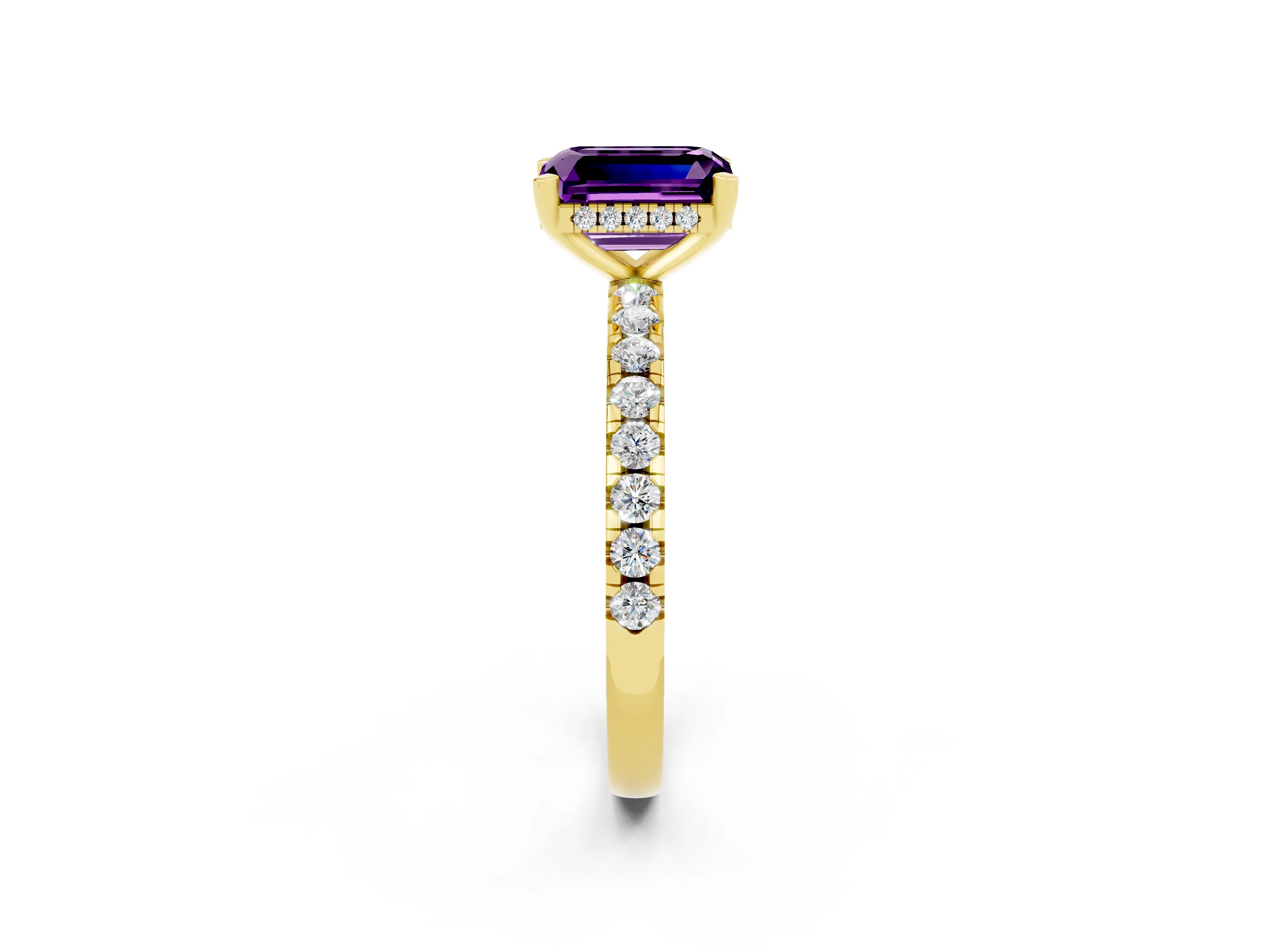 Yellow gold Emerald Cut Amethyst Solitaire Ring with Pavé Band and Four-Prong Setting_14