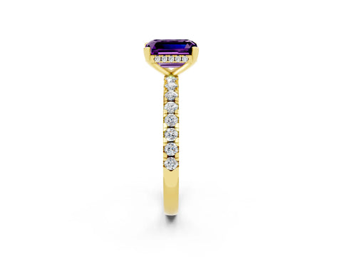 Yellow gold Emerald Cut Amethyst Solitaire Ring with Pavé Band and Four-Prong Setting_14