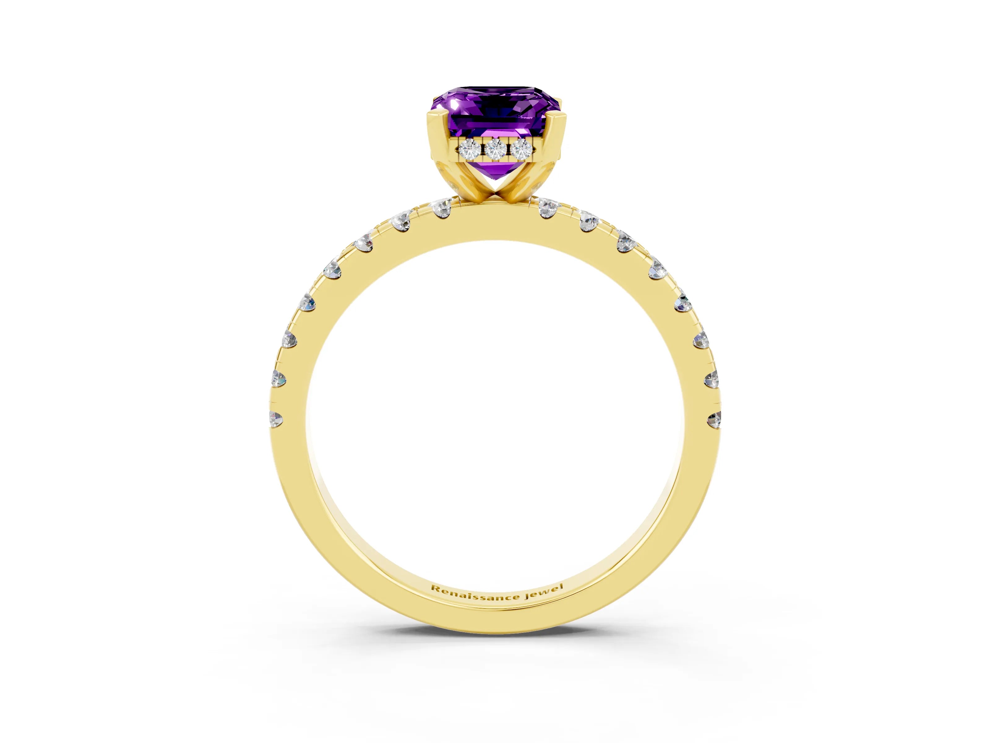 Yellow gold Emerald Cut Amethyst Solitaire Ring with Pavé Band and Four-Prong Setting_15