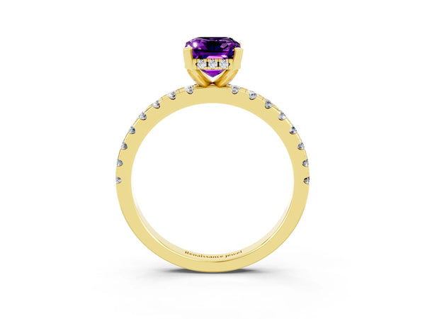 Yellow gold Emerald Cut Amethyst Solitaire Ring with Round  Pavé Band and Four-Prong Setting