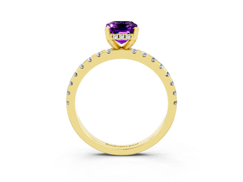 Yellow gold Emerald Cut Amethyst Solitaire Ring with Pavé Band and Four-Prong Setting_15