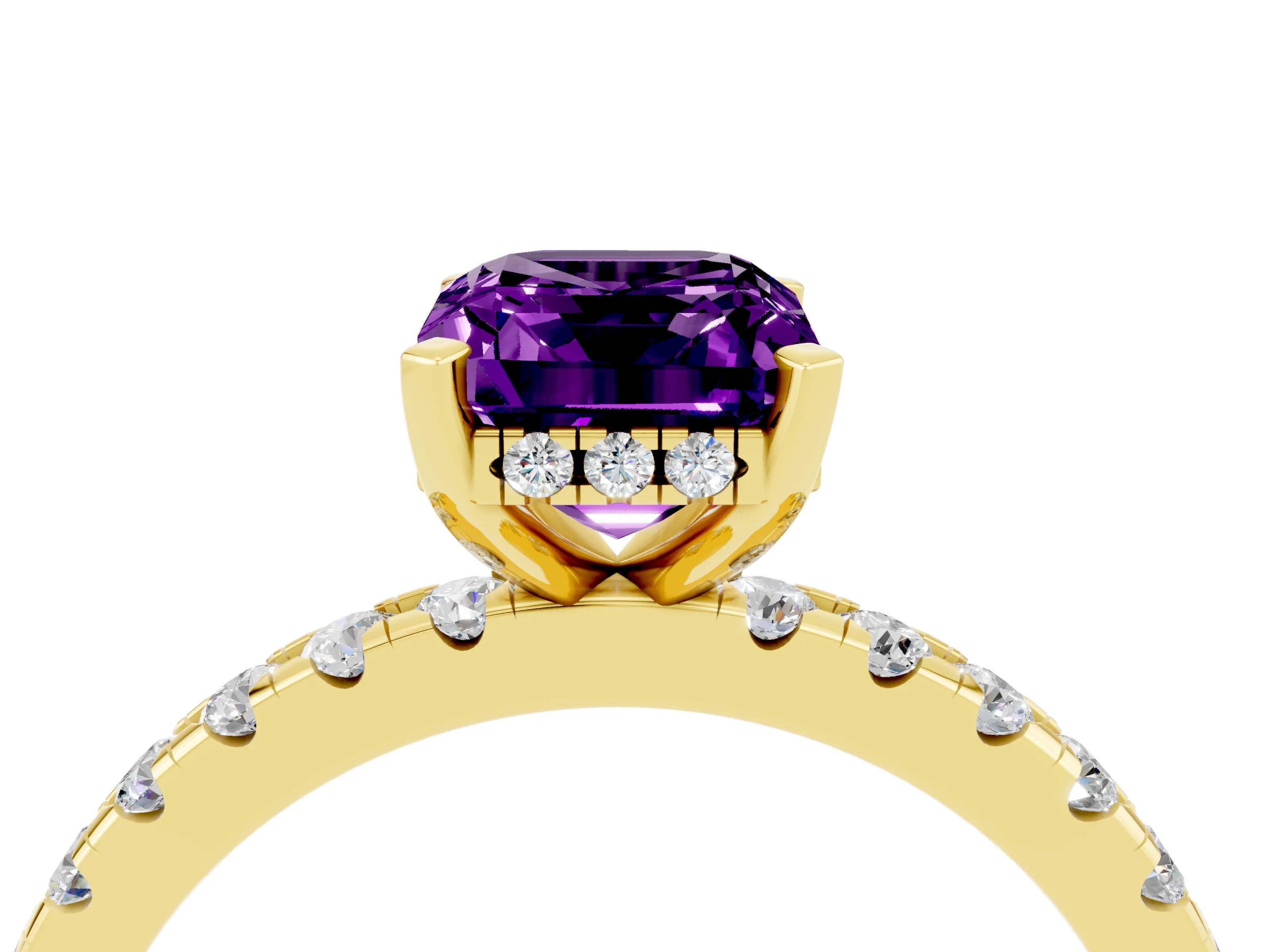 Yellow gold Emerald Cut Amethyst Solitaire Ring with Pavé Band and Four-Prong Setting_16