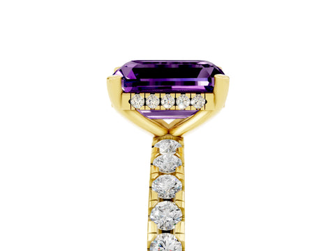 Yellow gold Emerald Cut Amethyst Solitaire Ring with Pavé Band and Four-Prong Setting_17