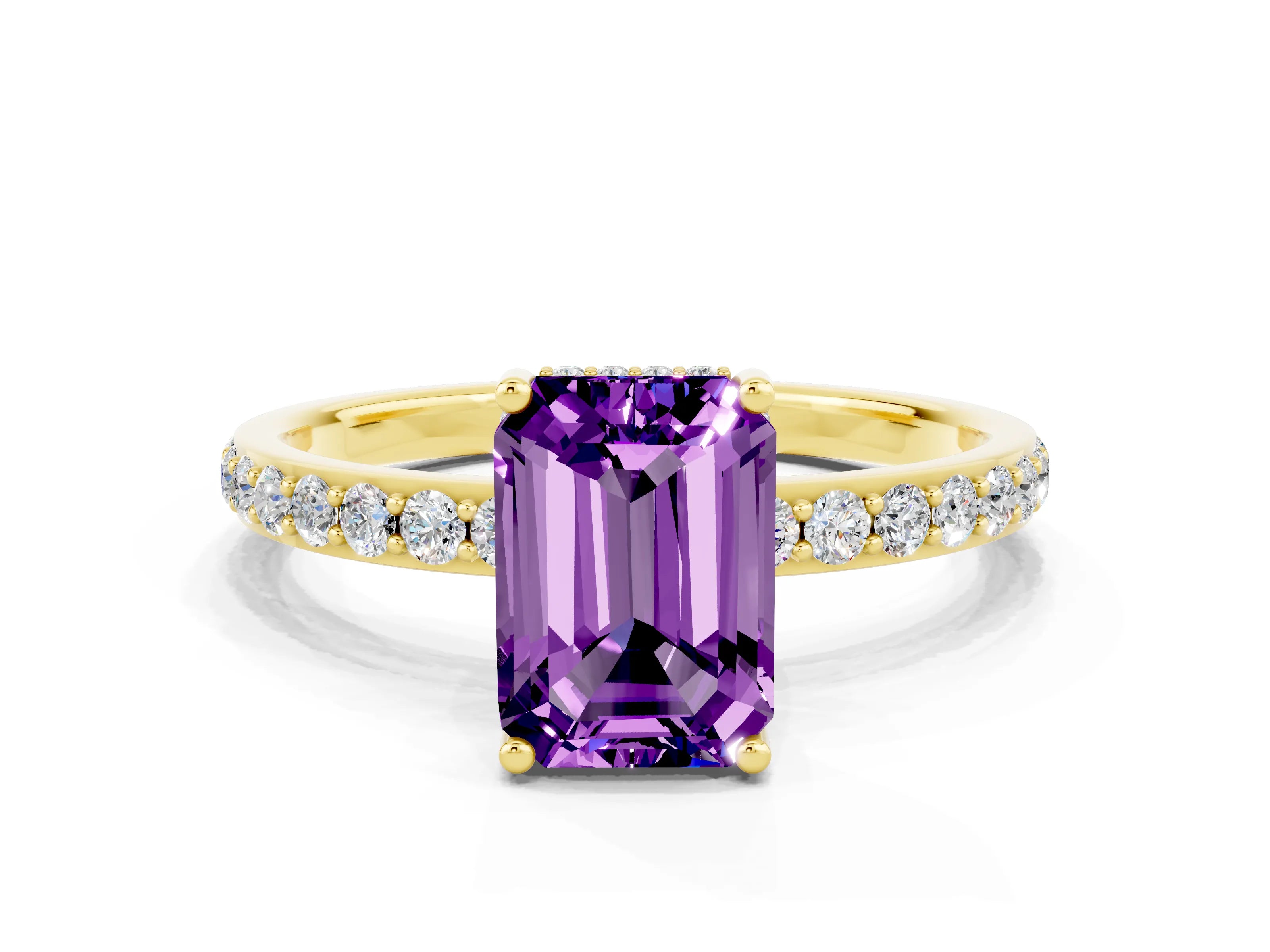 Yellow gold Emerald Cut Amethyst Solitaire Ring with Pavé Band and Hidden Halo_12