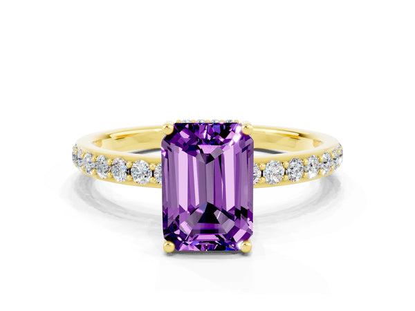 Yellow gold Emerald Cut Amethyst Solitaire Ring with Pavé Band and Hidden Halo