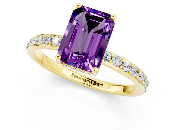 Yellow gold Emerald Cut Amethyst Solitaire Ring with Pavé Band and Hidden Halo