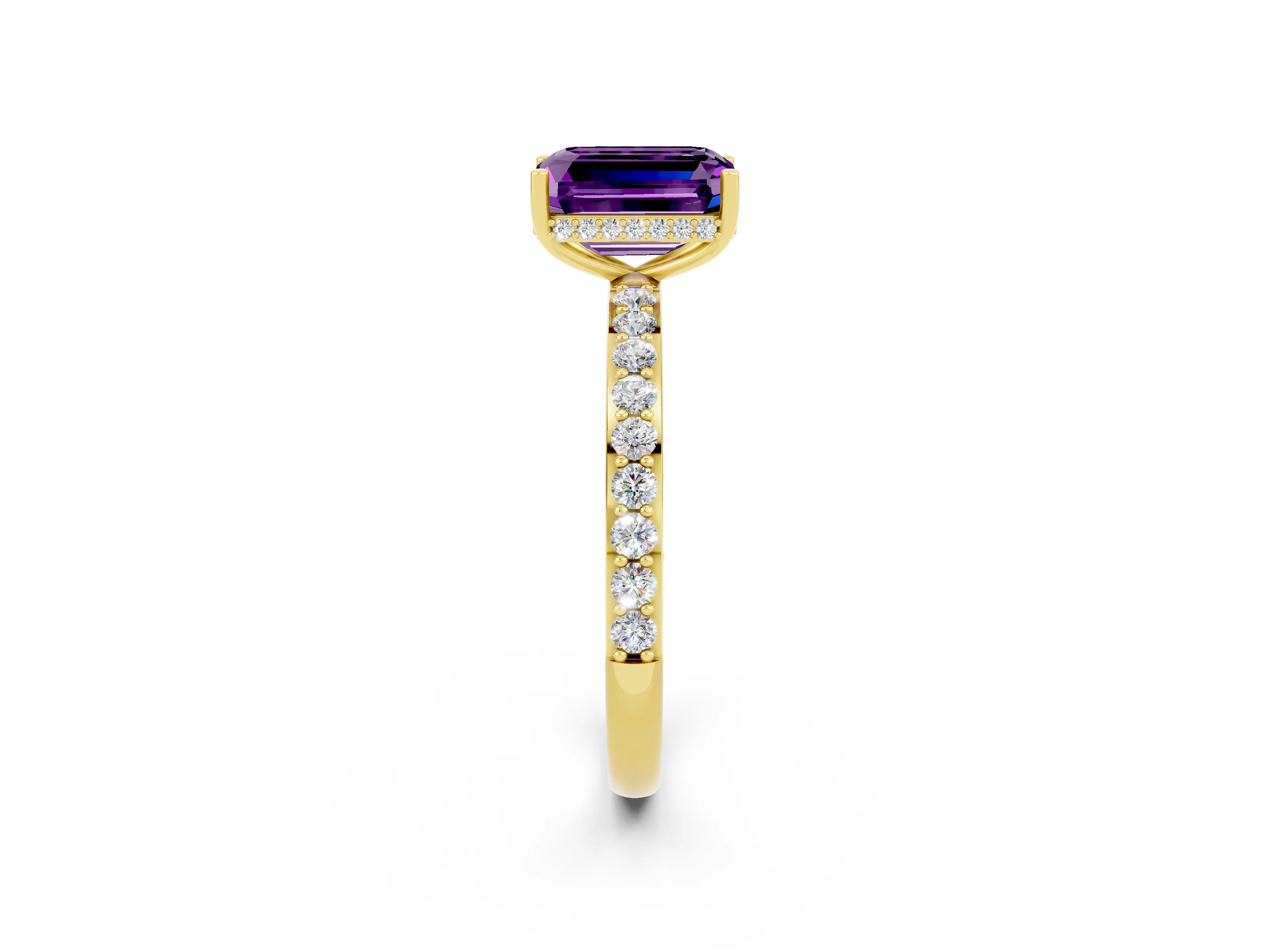 Yellow gold Emerald Cut Amethyst Solitaire Ring with Pavé Band and Hidden Halo_14