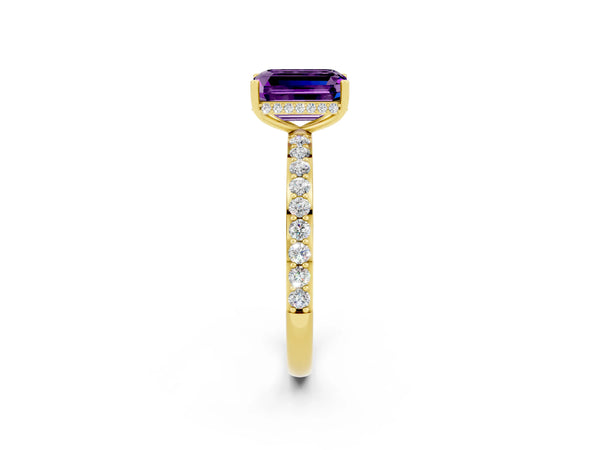Yellow gold Emerald Cut Amethyst Solitaire Ring with Pavé Band and Hidden Halo