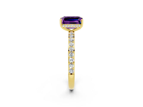 Yellow gold Emerald Cut Amethyst Solitaire Ring with Pavé Band and Hidden Halo_14