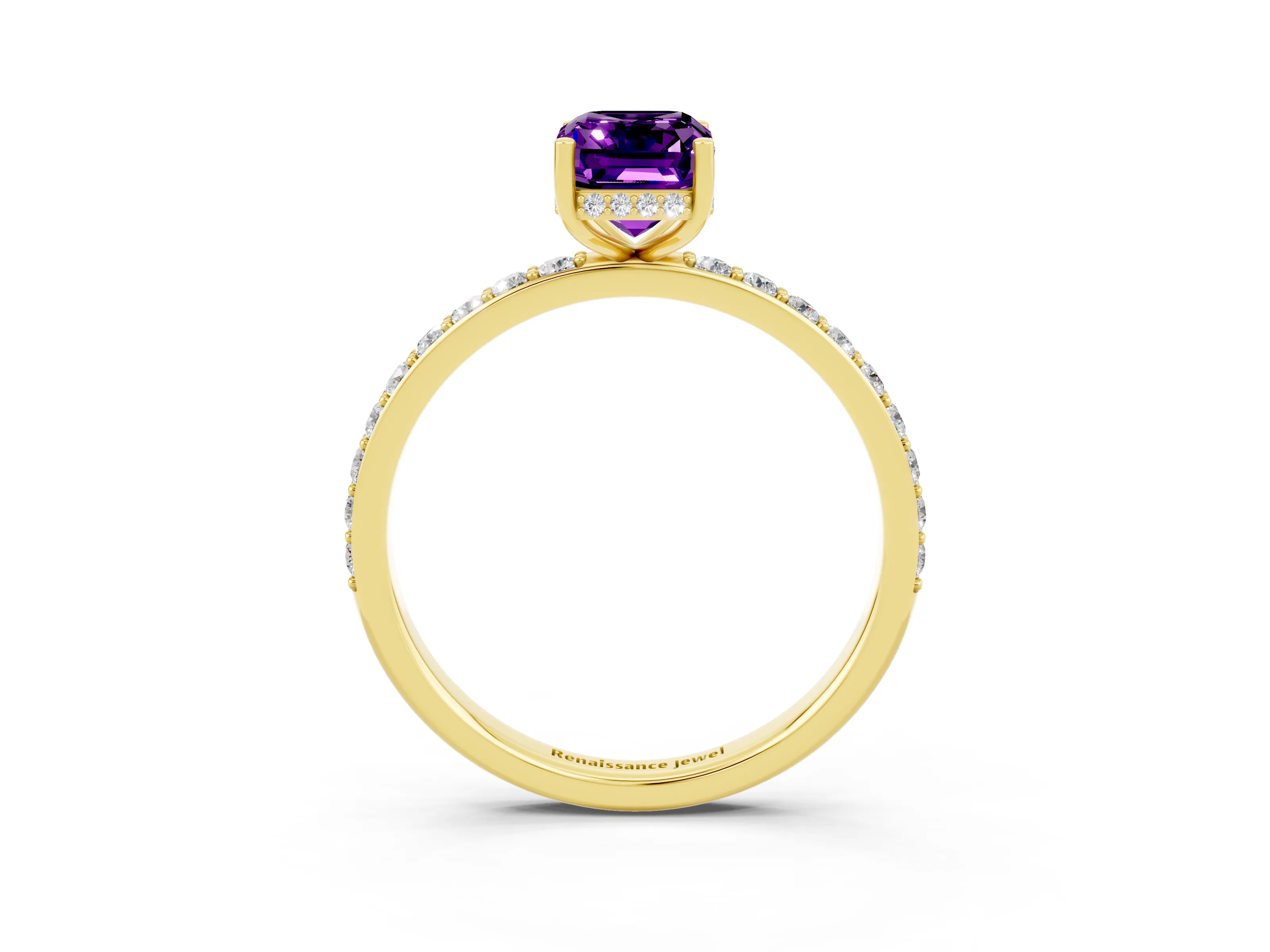 Yellow gold Emerald Cut Amethyst Solitaire Ring with Pavé Band and Hidden Halo_15