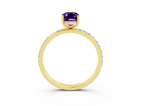 Yellow gold Emerald Cut Amethyst Solitaire Ring with Pavé Band and Hidden Halo