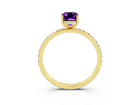 Yellow gold Emerald Cut Amethyst Solitaire Ring with Pavé Band and Hidden Halo_15