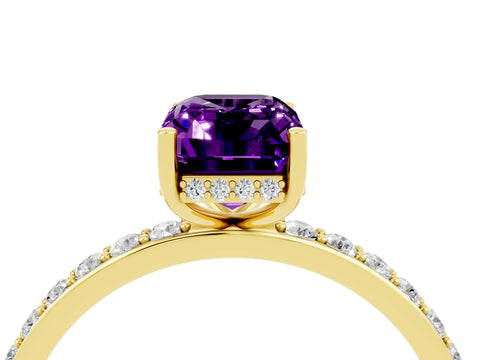 Yellow gold Emerald Cut Amethyst Solitaire Ring with Pavé Band and Hidden Halo_16