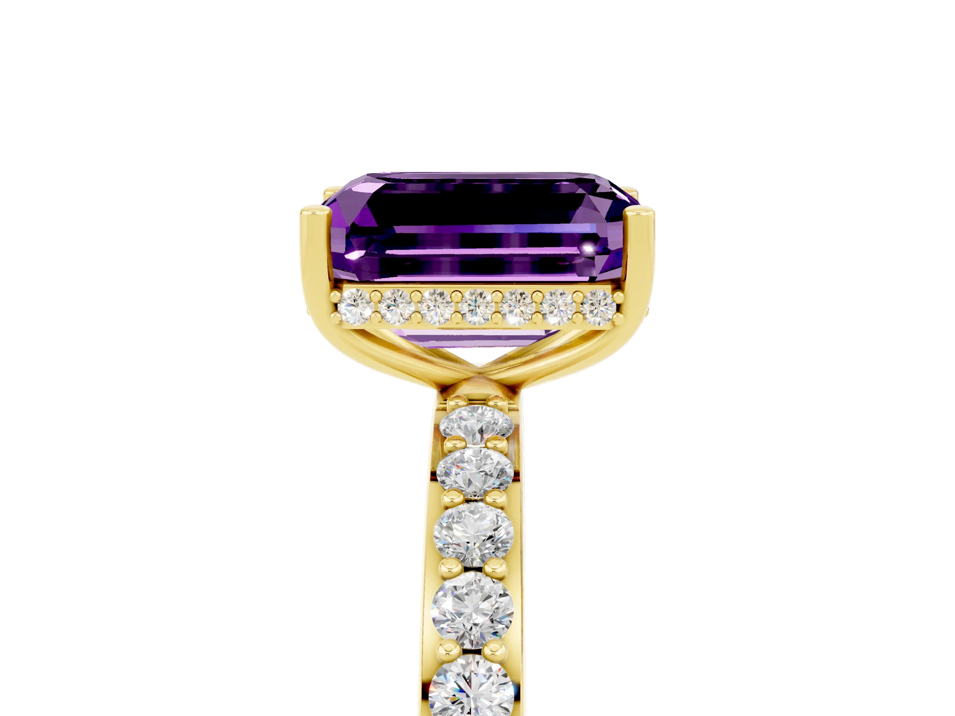 Yellow gold Emerald Cut Amethyst Solitaire Ring with Pavé Band and Hidden Halo_17