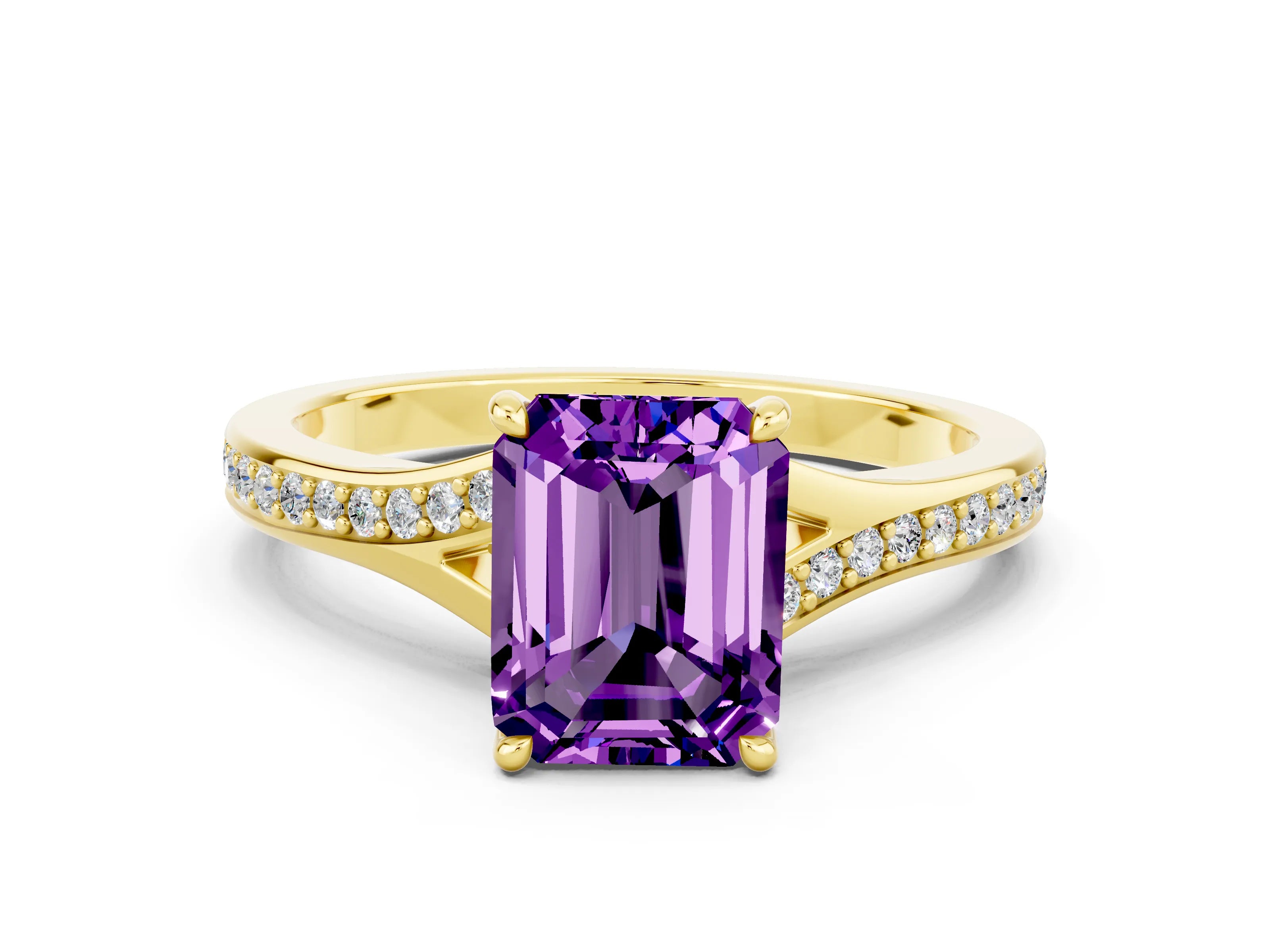 Yellow gold Emerald Cut Amethyst Solitaire Ring with Pavé Band and Prong Setting