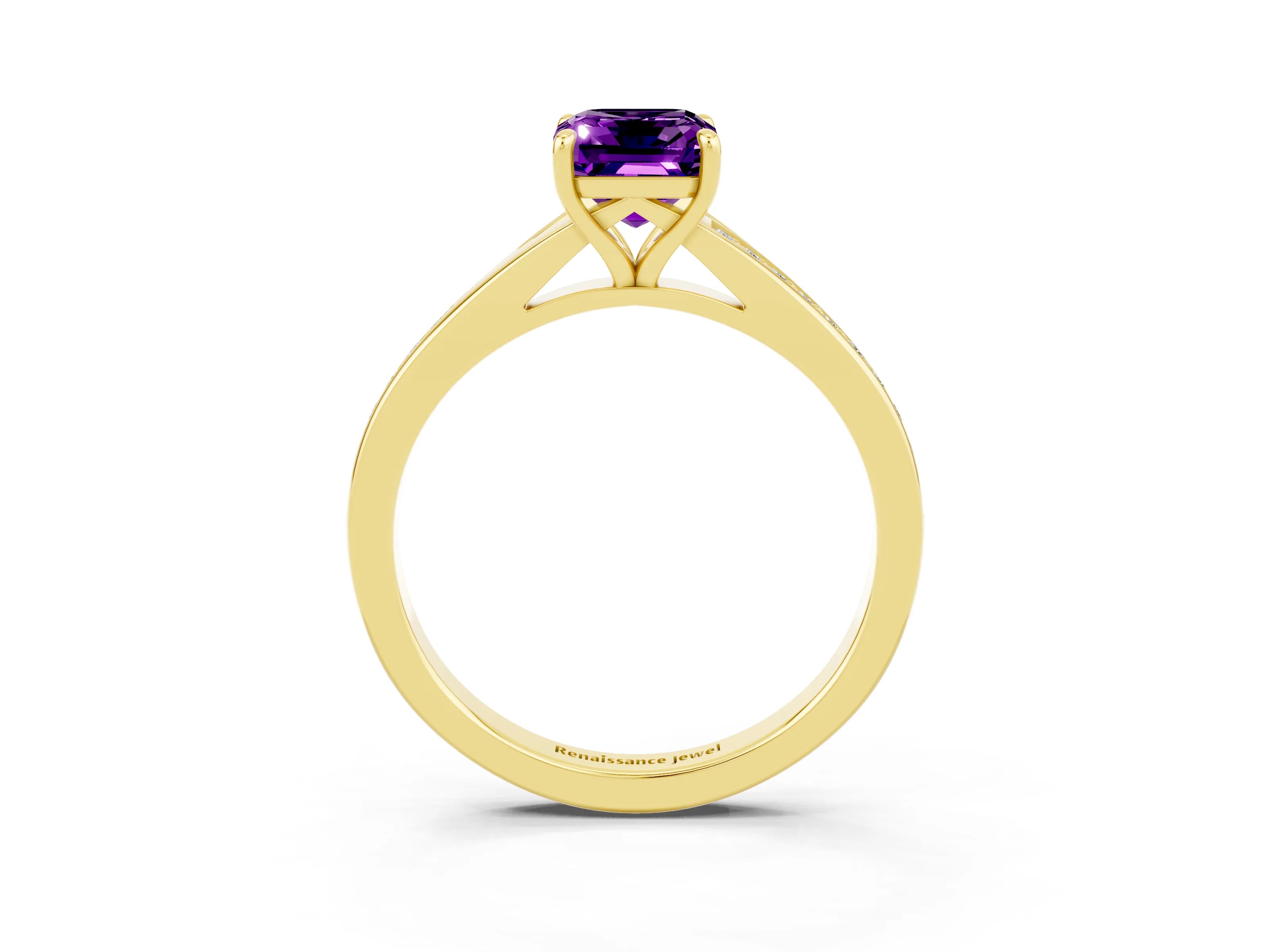 Yellow gold Emerald Cut Amethyst Solitaire Ring with Pavé Band and Prong Setting_15