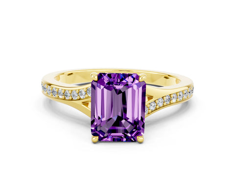 Yellow gold Emerald Cut Amethyst Solitaire Ring with Pavé Band and Prong Setting_24