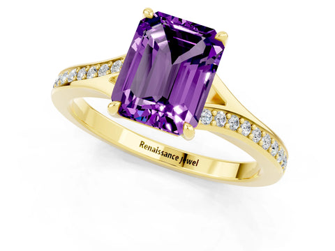 Yellow gold Emerald Cut Amethyst Solitaire Ring with Pavé Band and Prong Setting_25