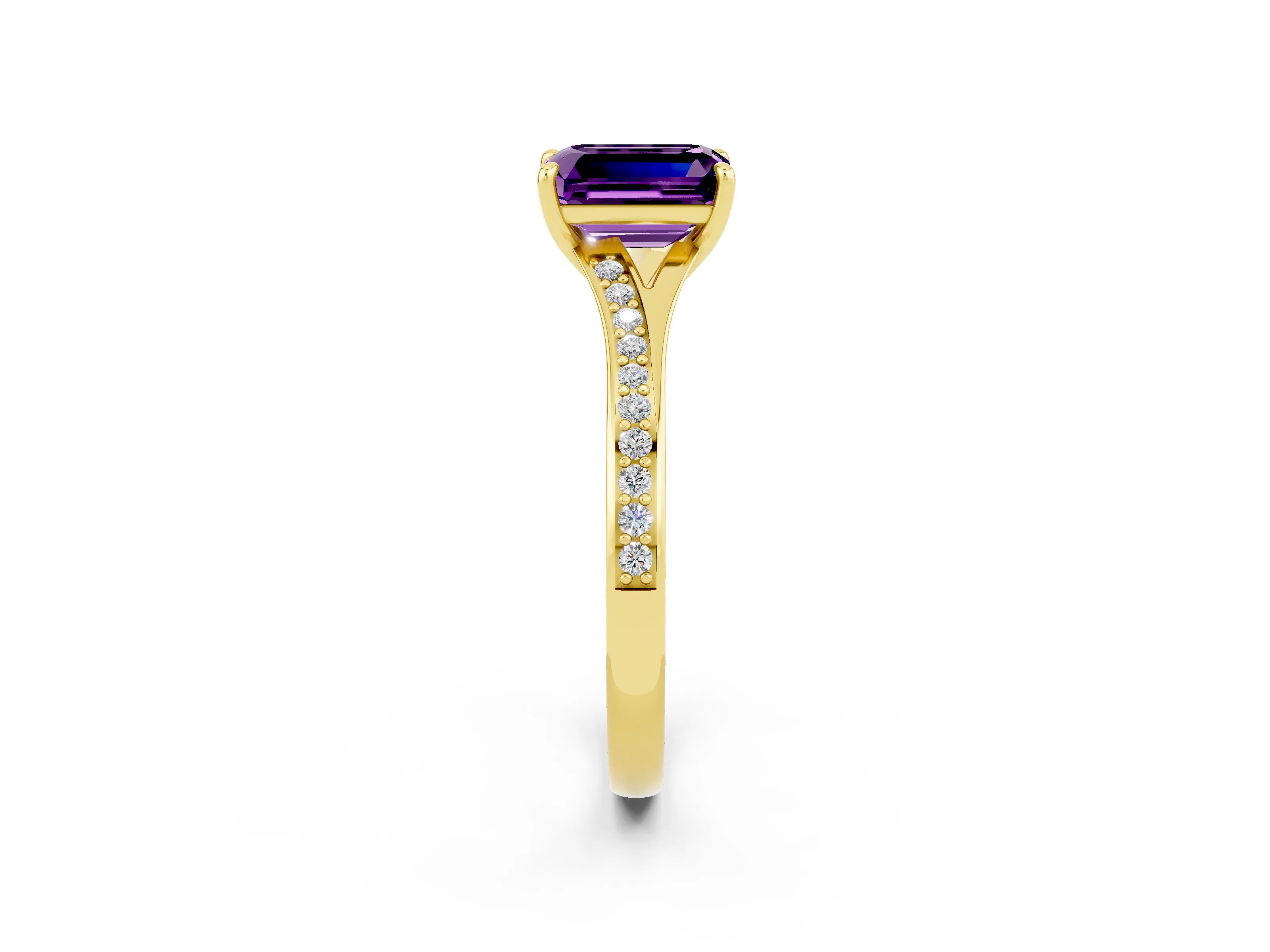 Yellow gold Emerald Cut Amethyst Solitaire Ring with Pavé Band and Prong Setting_26