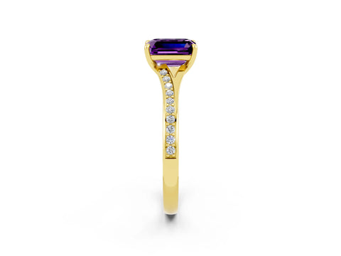 Yellow gold Emerald Cut Amethyst Solitaire Ring with Pavé Band and Prong Setting_26