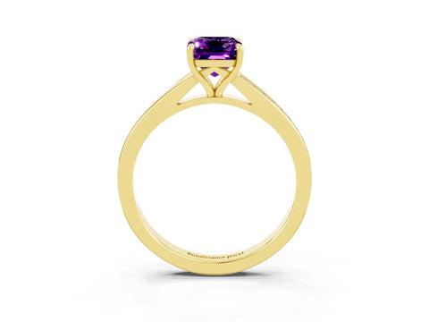 Yellow gold Emerald Cut Amethyst Solitaire Ring with Pavé Band and Prong Setting_27