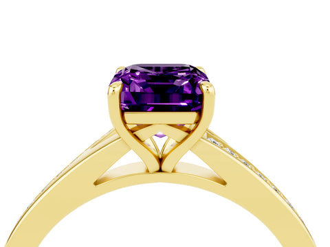 Yellow gold Emerald Cut Amethyst Solitaire Ring with Pavé Band and Prong Setting_28