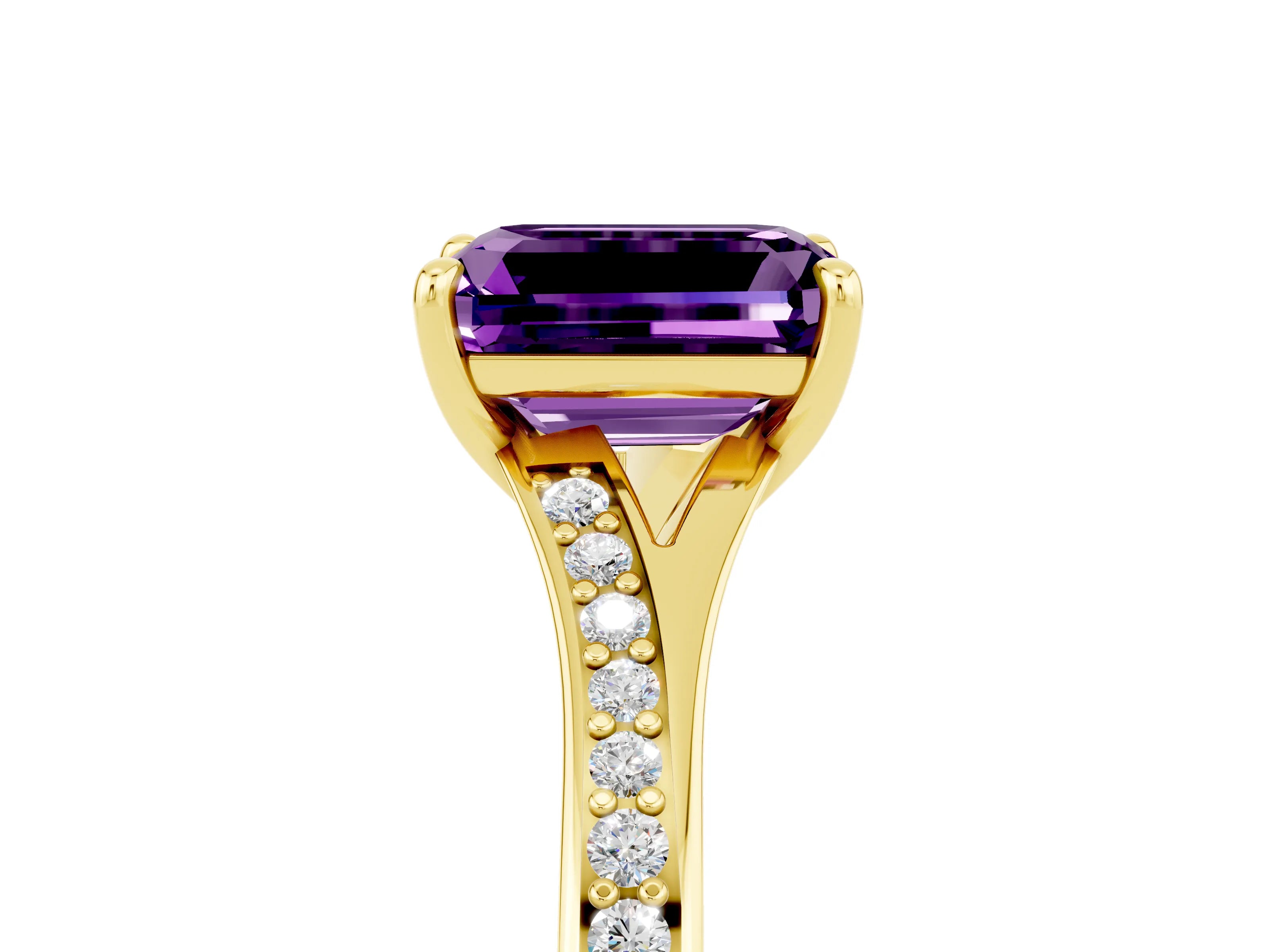 Yellow gold Emerald Cut Amethyst Solitaire Ring with Pavé Band and Prong Setting_29