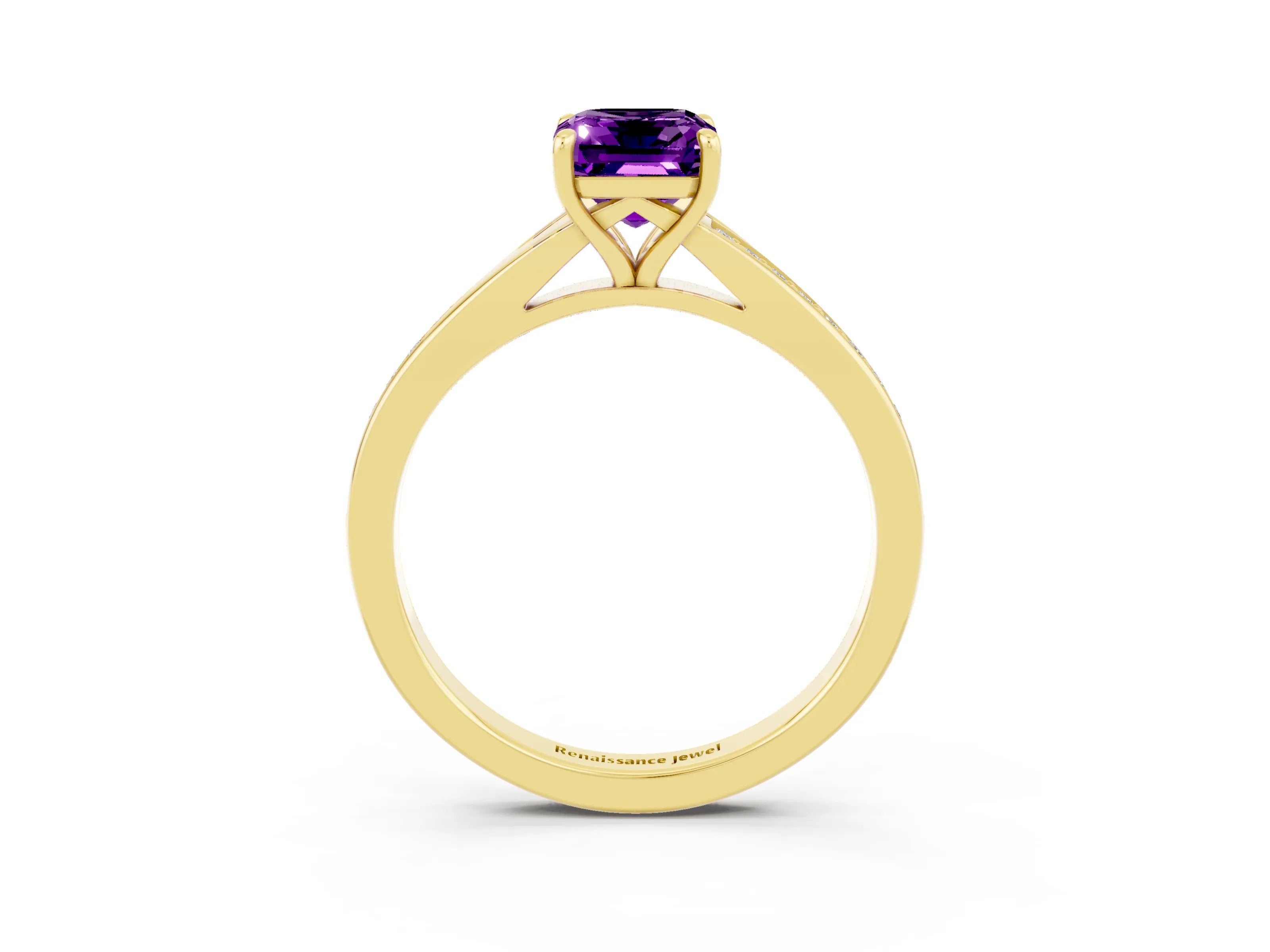 Yellow gold Emerald Cut Amethyst Solitaire Ring with Pavé Band and Prong Setting_3