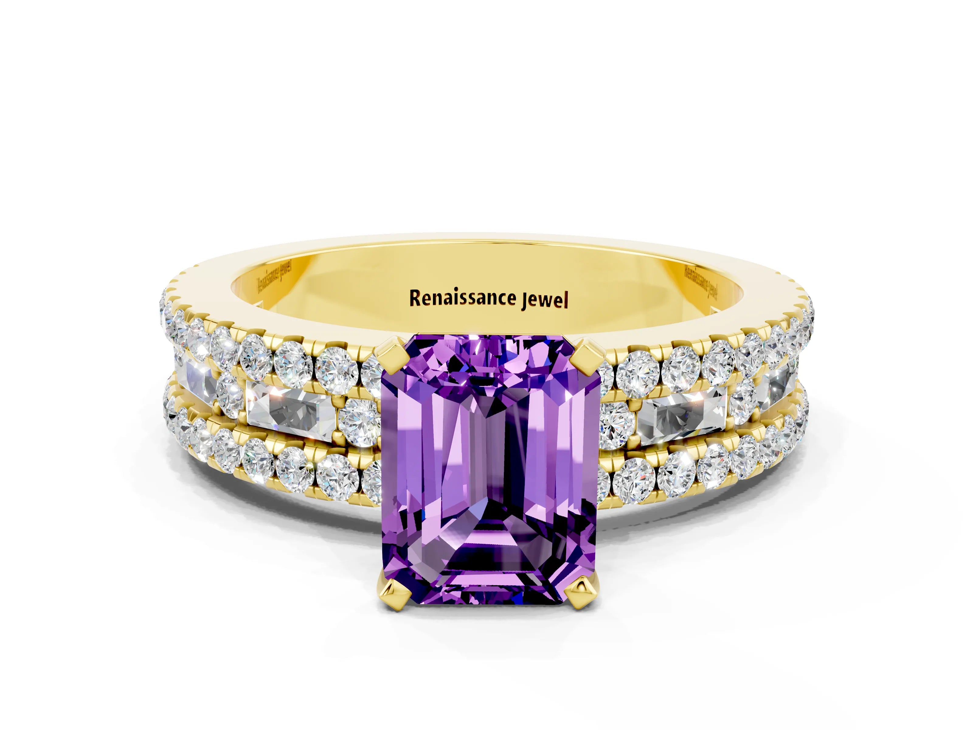 Yellow gold Emerald Cut Amethyst Solitaire Ring with Pavé and Channel Set Band