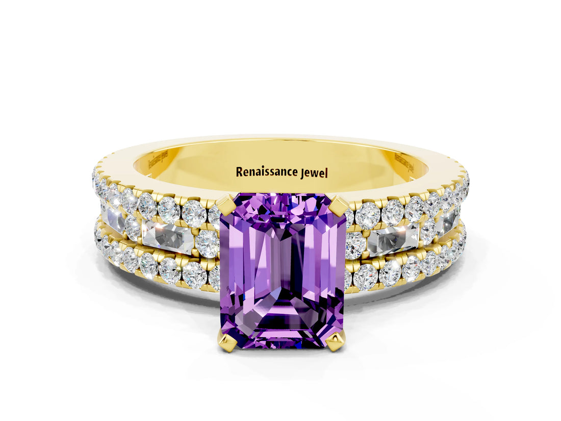 Yellow gold Emerald Cut Amethyst Solitaire Ring with Pavé and Channel Set Band