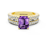 Yellow gold Emerald Cut Amethyst Solitaire Ring with Pavé and Channel Set Band
