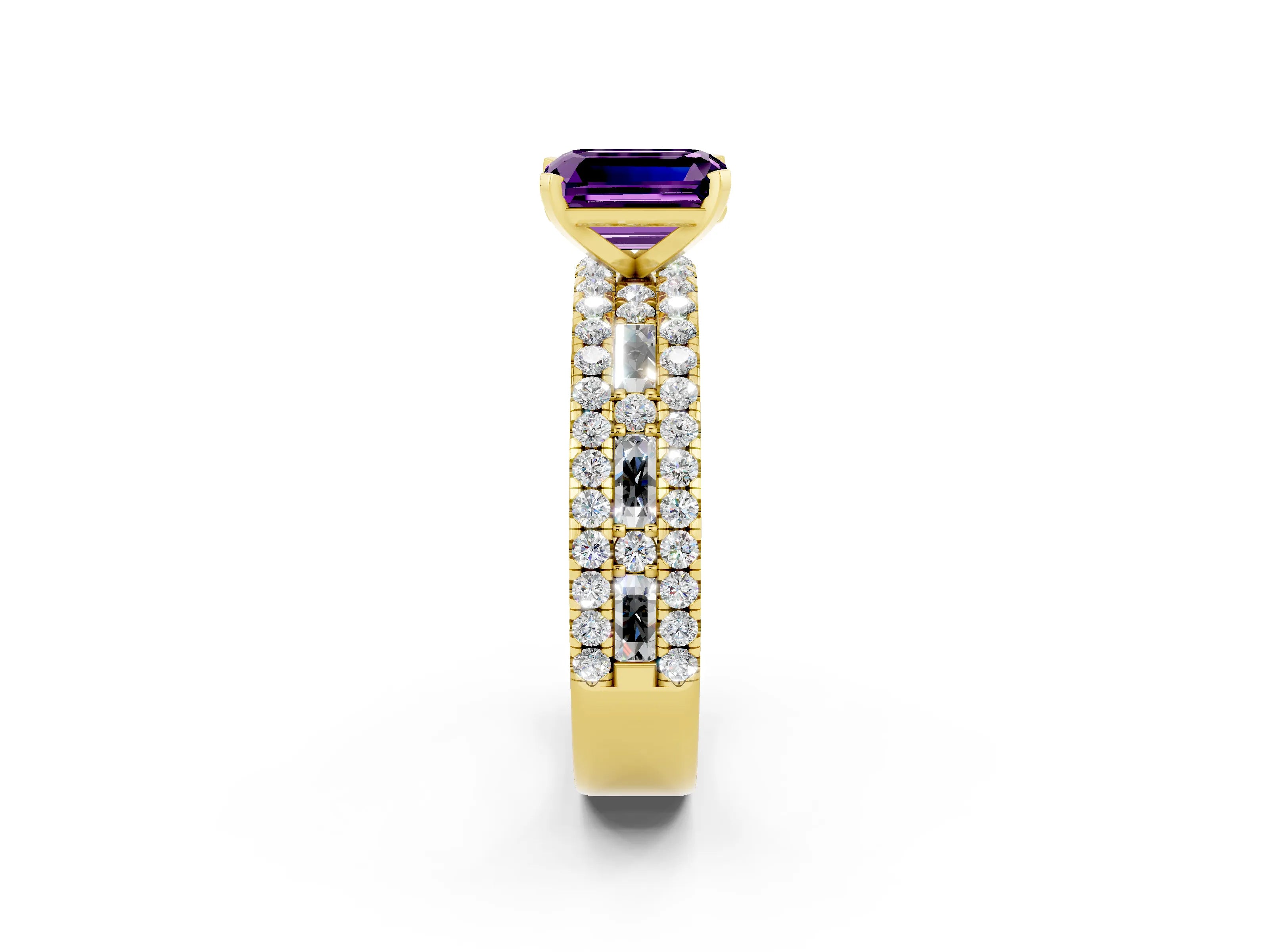 Yellow gold Emerald Cut Amethyst Solitaire Ring with Pavé and Channel Set Band_2
