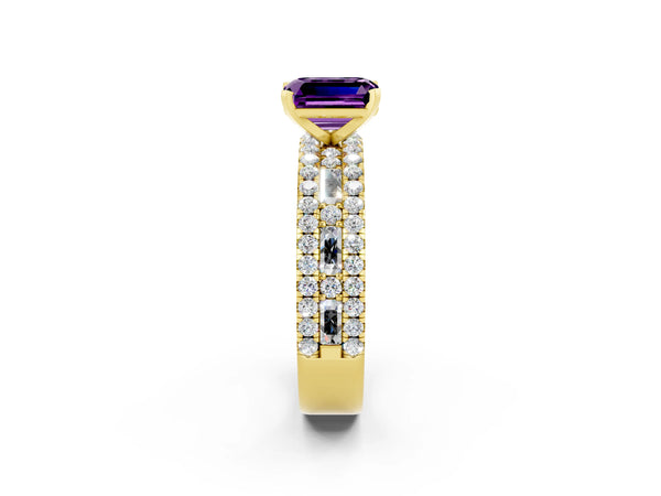 Yellow gold Emerald Cut Amethyst Solitaire Ring with Pavé and Channel Set Band