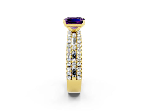 Yellow gold Emerald Cut Amethyst Solitaire Ring with Pavé and Channel Set Band_2