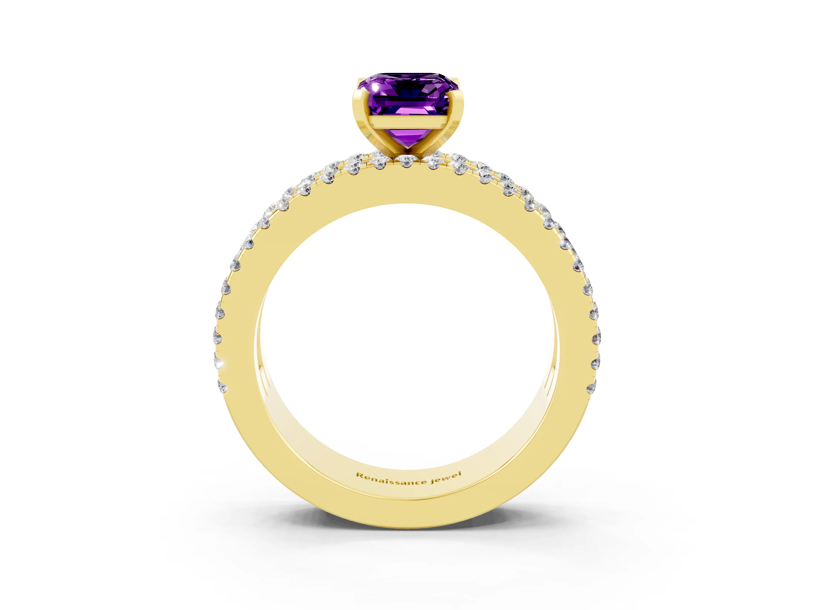 Yellow gold Emerald Cut Amethyst Solitaire Ring with Pavé and Channel Set Band_3