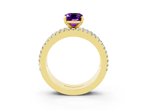 Yellow gold Emerald Cut Amethyst Solitaire Ring with Pavé and Channel Set Band