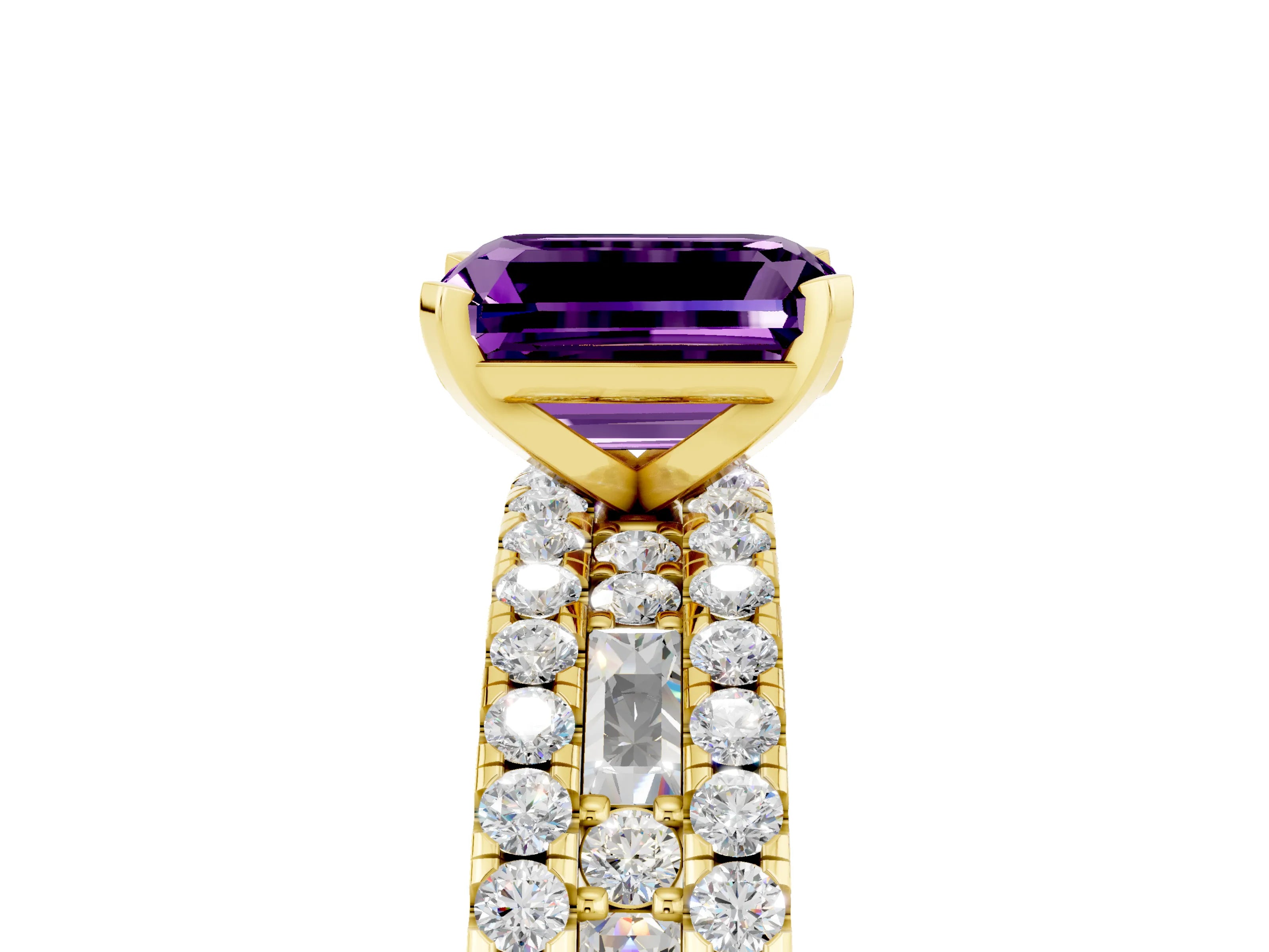 Yellow gold Emerald Cut Amethyst Solitaire Ring with Pavé and Channel Set Band_5