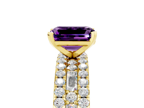 Yellow gold Emerald Cut Amethyst Solitaire Ring with Pavé and Channel Set Band_5
