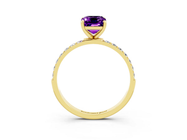 Yellow gold Emerald Cut Amethyst Solitaire Ring with Round  Pavé Band and Prong Setting