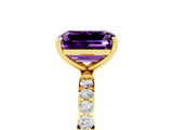 Yellow gold Emerald Cut Amethyst Solitaire Ring with Pave Band and Four Prong Setting_29
