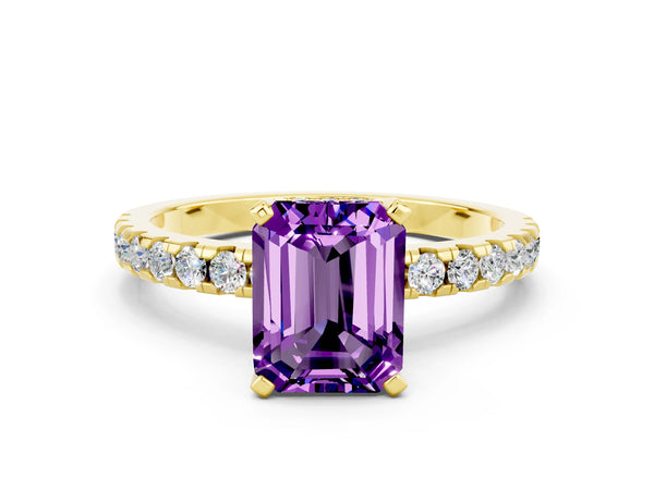 Yellow gold Emerald Cut Amethyst Solitaire Ring with Round  Pavé Band and Four-Prong Setting